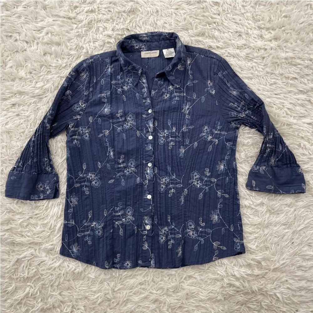 LEMON GRASS Button Shirt Womens XL Blue Floral Stich Boho Collar Top 3/4 Sleeve